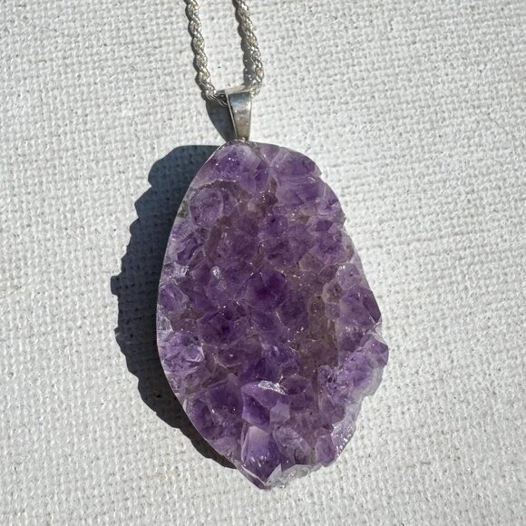 Amethyst Druzy Crystal Pendant Necklace Sterling Silver Chain - New Old Stock - Picture 2 of 6